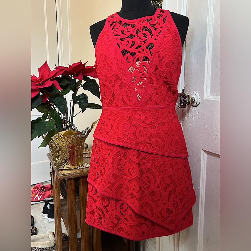 BCBG MaxAzria Highneck Lace Cocktail Dress in Red